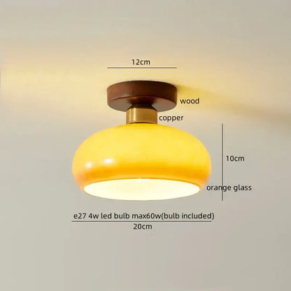 Gold flower frosted glass ceiling lamp with warm yellow-orange dome and wooden copper base ideal for decorbites cotton shape led lighting