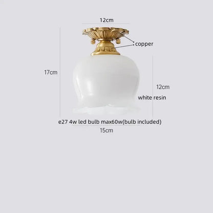 White resin ceiling lamp with copper finished ornate floral top gold flower frosted glass hallway decorbites cotton shape led