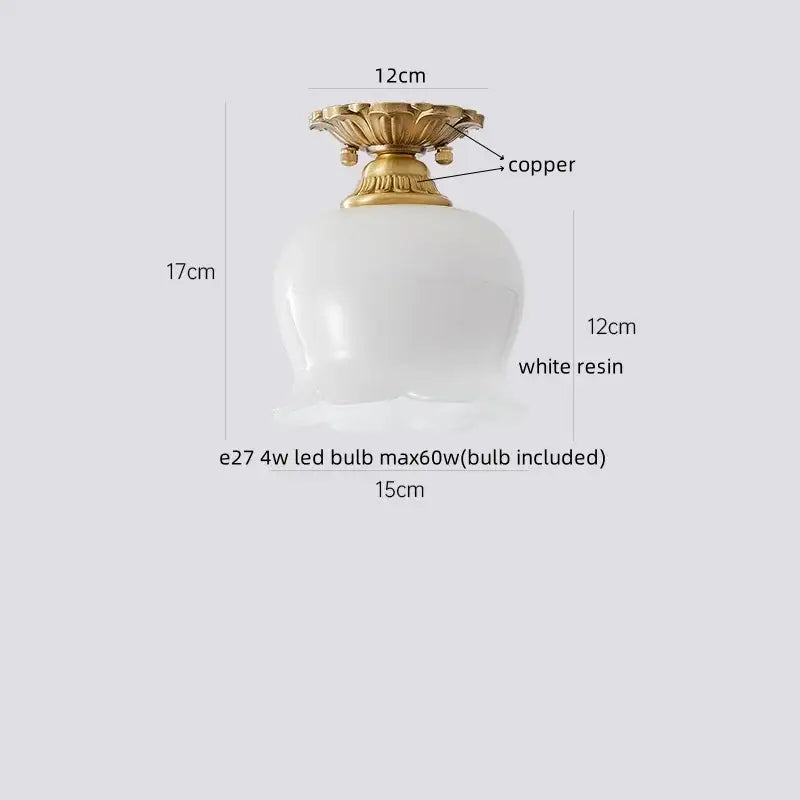 White resin ceiling lamp with copper finished ornate floral top gold flower frosted glass hallway decorbites cotton shape led