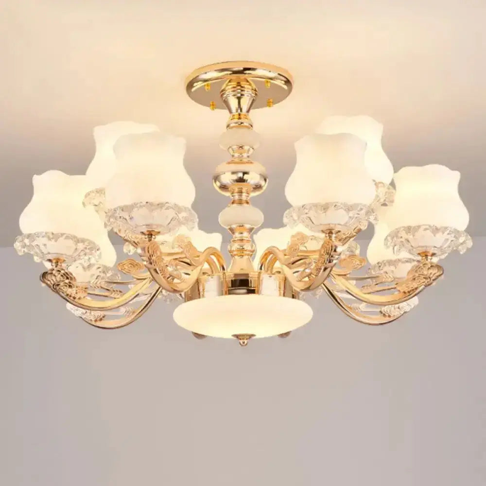DecorBites™ DecorBites™ Gold Flower Semi-Mount Ceiling Light with Opal Glass Shade for Simple Living Room Elegance