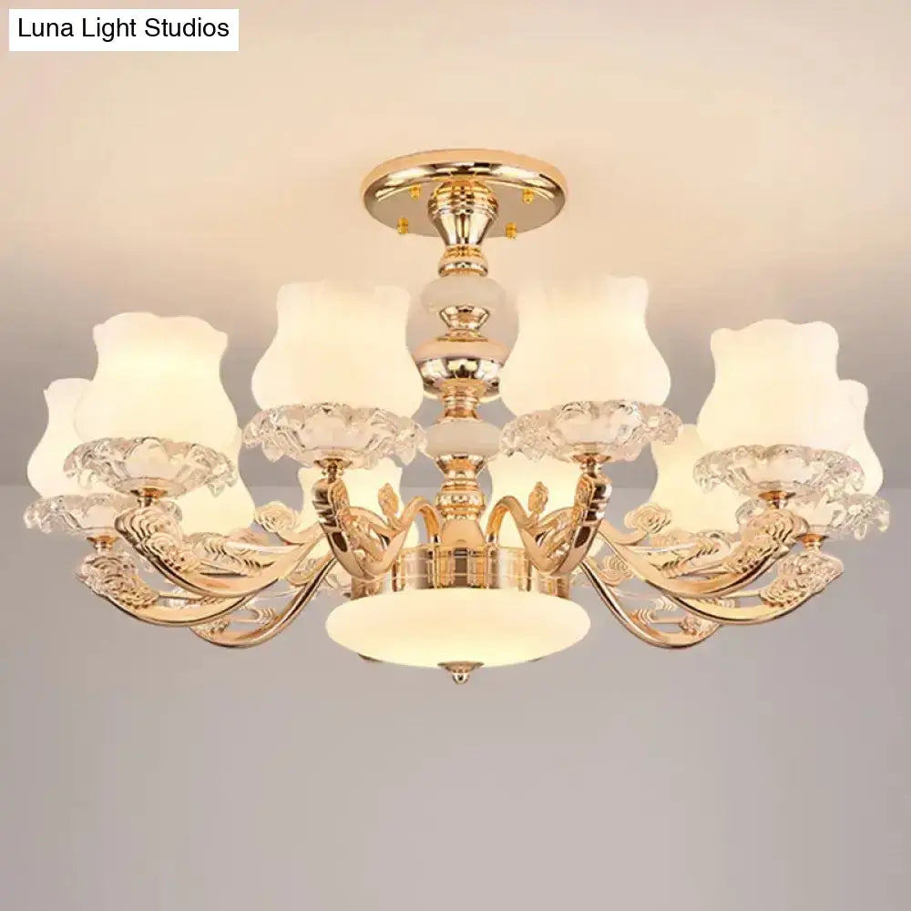DecorBites™ DecorBites™ Gold Flower Semi-Mount Ceiling Light with Opal Glass Shade for Simple Living Room Elegance