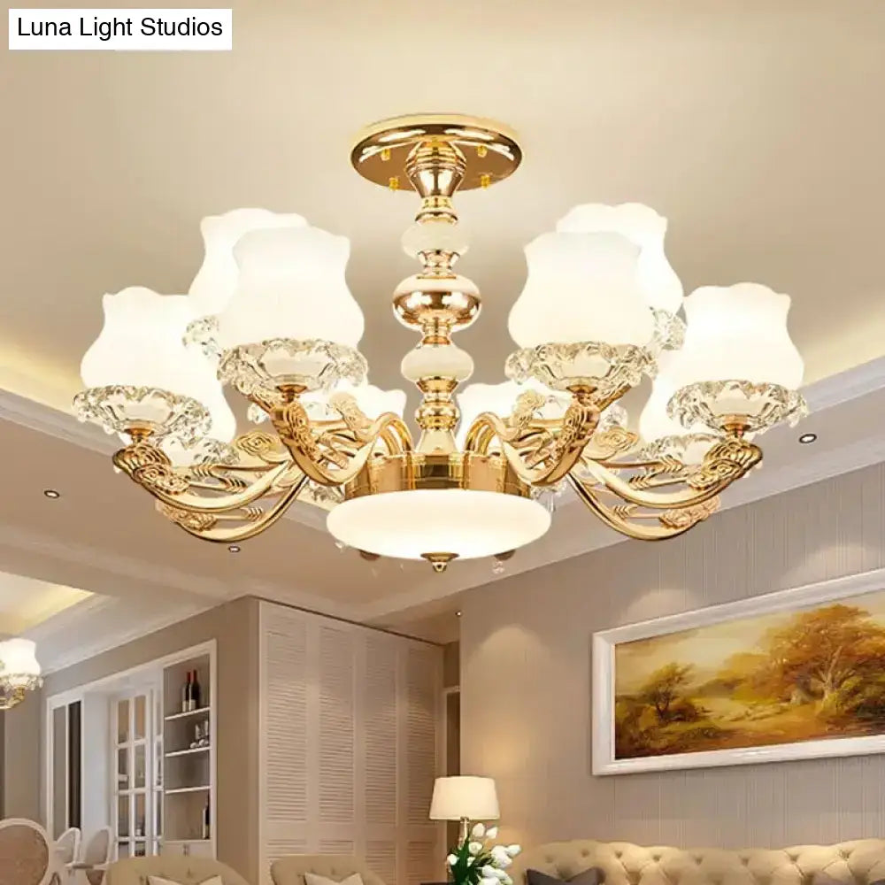 DecorBites™ DecorBites™ Gold Flower Semi-Mount Ceiling Light with Opal Glass Shade for Simple Living Room Elegance