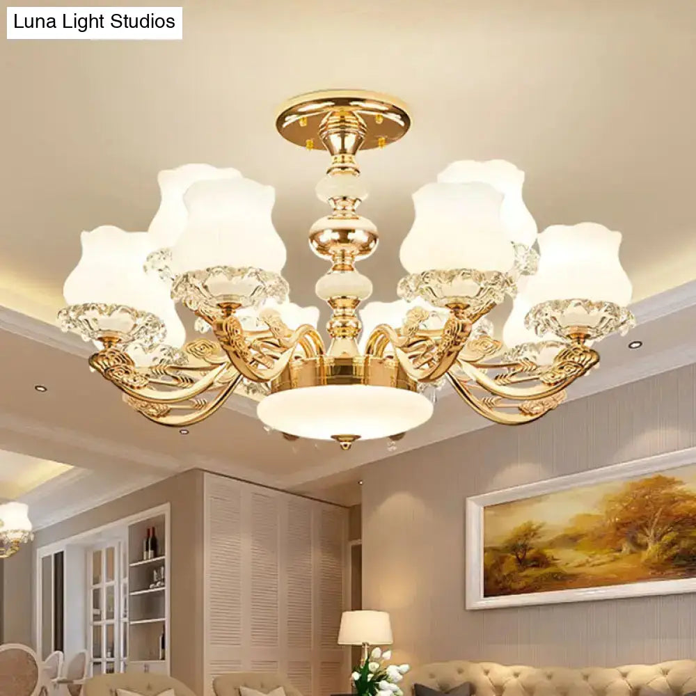 DecorBites™ DecorBites™ Gold Flower Semi-Mount Ceiling Light with Opal Glass Shade for Simple Living Room Elegance