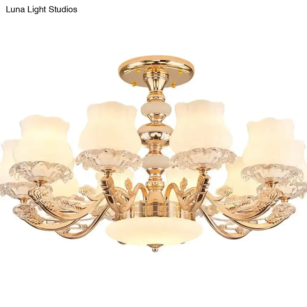 DecorBites™ DecorBites™ Gold Flower Semi-Mount Ceiling Light with Opal Glass Shade for Simple Living Room Elegance