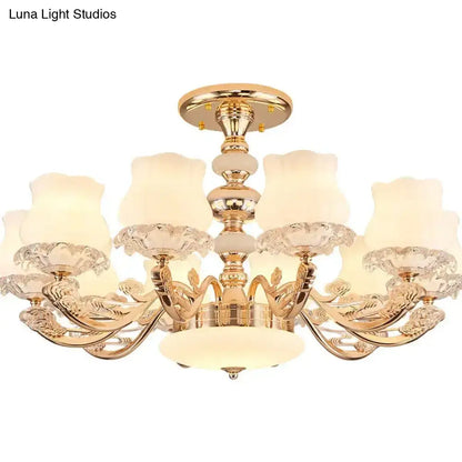 DecorBites™ DecorBites™ Gold Flower Semi-Mount Ceiling Light with Opal Glass Shade for Simple Living Room Elegance
