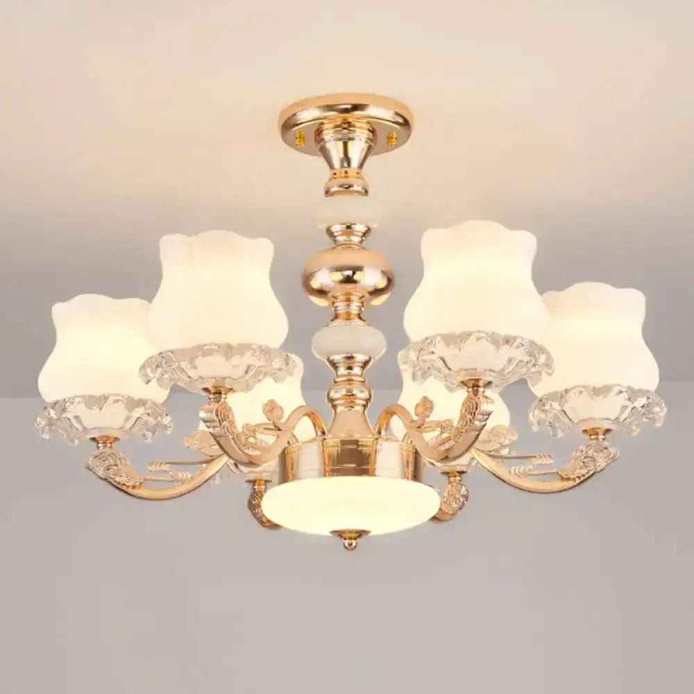 DecorBites™ DecorBites™ Gold Flower Semi-Mount Ceiling Light with Opal Glass Shade for Simple Living Room Elegance