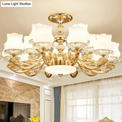 DecorBites™ DecorBites™ Gold Flower Semi-Mount Ceiling Light with Opal Glass Shade for Simple Living Room Elegance