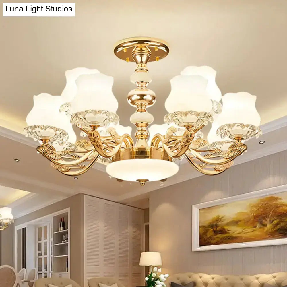 DecorBites™ DecorBites™ Gold Flower Semi-Mount Ceiling Light with Opal Glass Shade for Simple Living Room Elegance