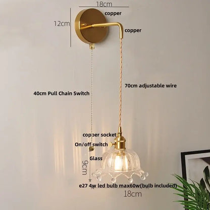 Copper-finished wall lights with clear glass led lampshade and adjustable wire for bedroom decorbites clear glass sconce