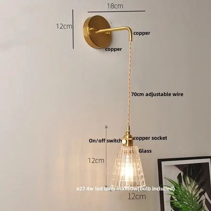 Gold copper wall lights with textured clear glass led shade and adjustable wire for bedroom decorbites clear glass sconce