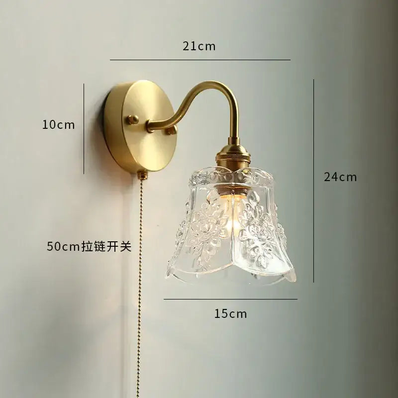 Antique brass wall sconce with gold fluted glass shade and 50cm pull-chain switch for bedroom wall lamp decorbites copper wall