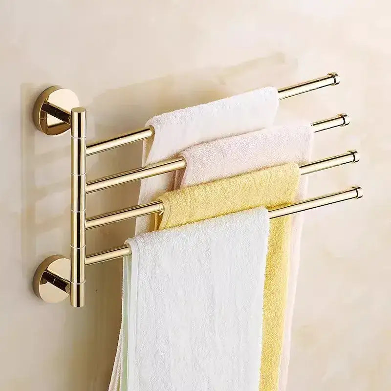 Gold four tier copper swivel towel rack with gold finish and circular mounting plates for bathroom decorbites copper swivel use