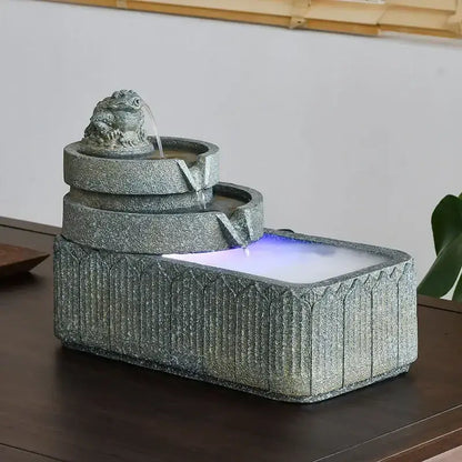 Gray stone-like gold frog flowing water fountain with purple led lights for fish pond tank garden ornament
