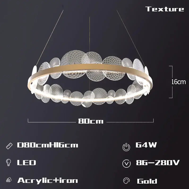 Gold-accented circular led ring chandelier with frost texture led and mesh globe design in acrylic and iron for living room decorbites frost texture