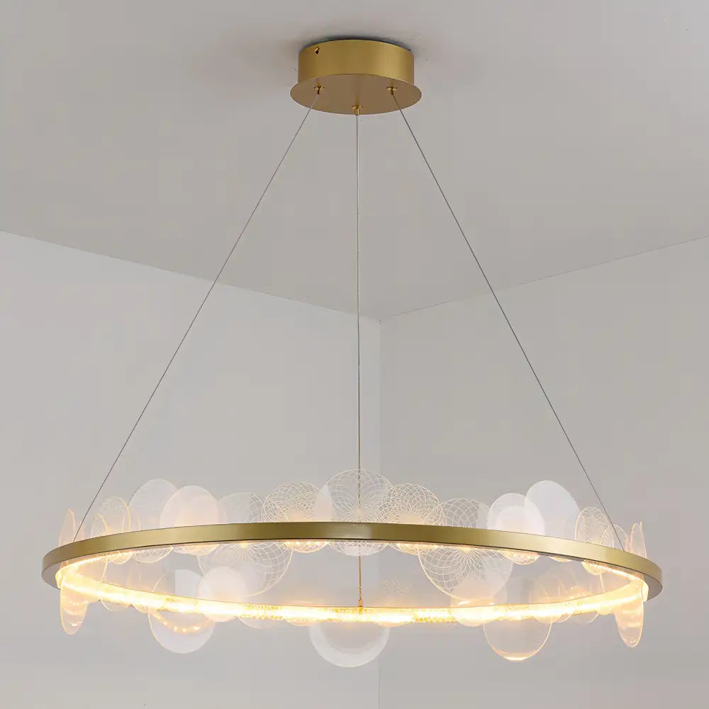 Gold-toned circular texture led ring chandelier with frost texture led glass orbs and wireframe accents for living room decorbites