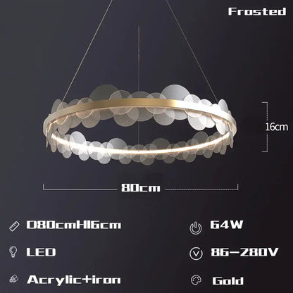 Gold frost texture led ring chandelier with acrylic and iron construction featuring layered translucent discs for living room decorbites frost texture