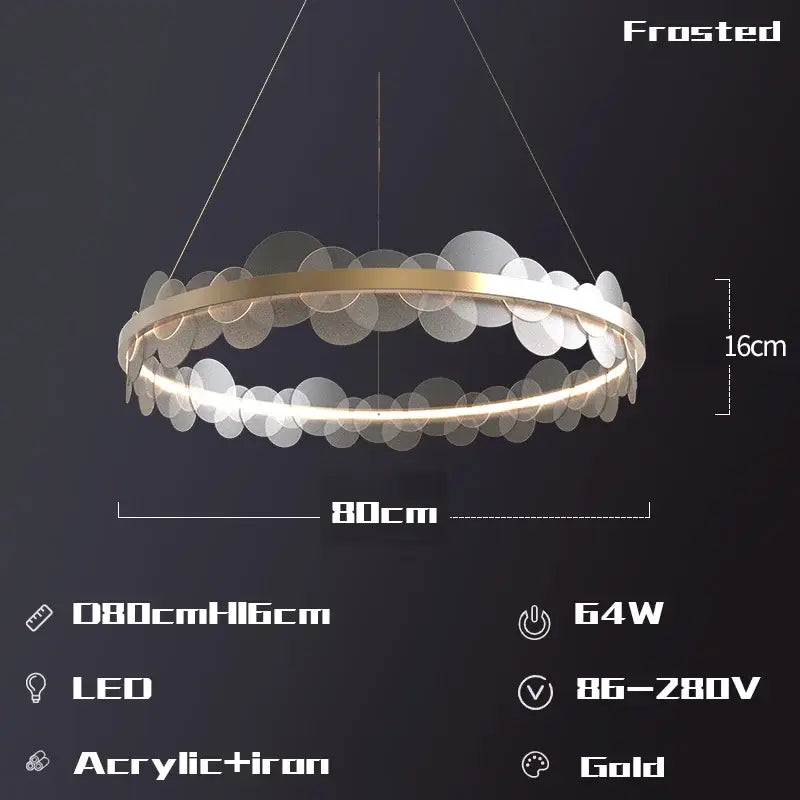 Gold frost texture led ring chandelier with acrylic and iron construction featuring layered translucent discs for living room decorbites frost texture