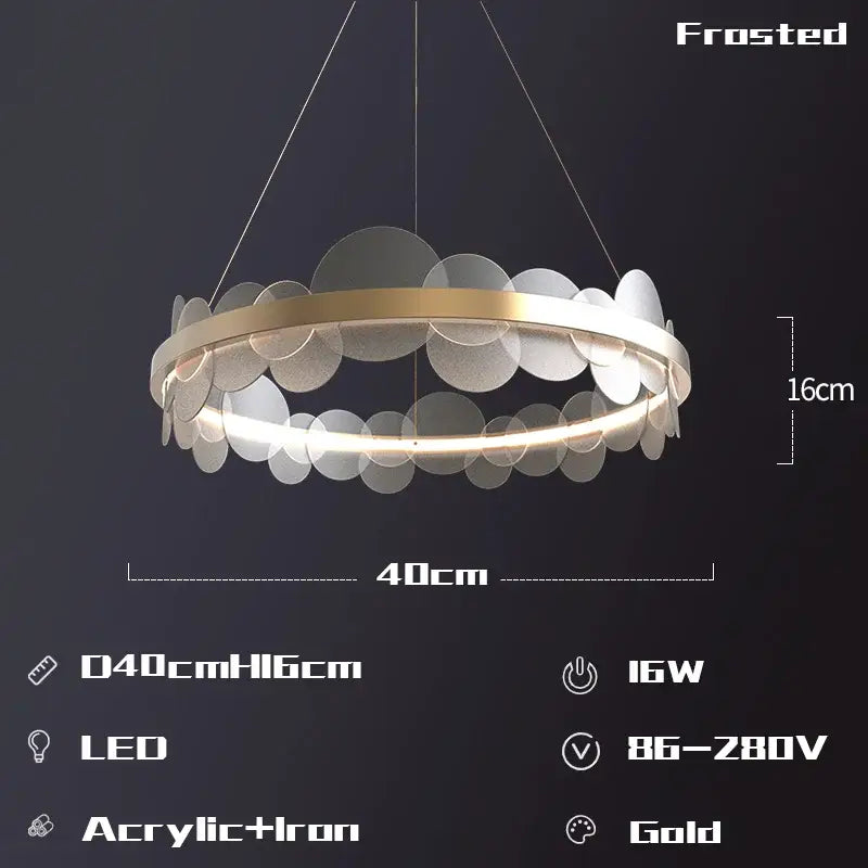 Gold frost texture led ring chandelier with gold-accented frosted acrylic leaf-like discs for living room decorbites frost texture