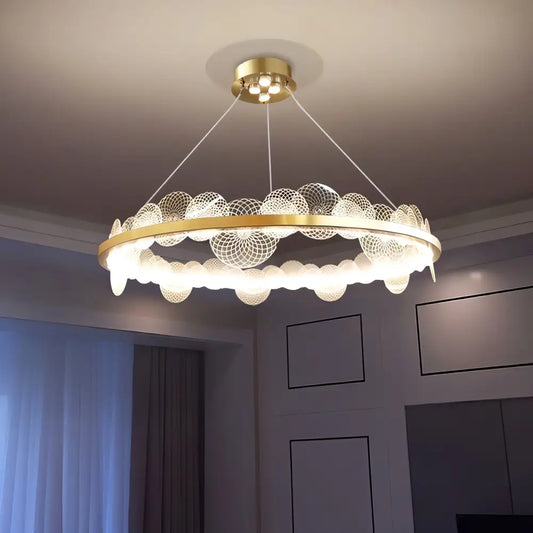 Gold-toned circular texture led ring chandelier with frost texture led mesh and frosted glass globes for living room decorbites