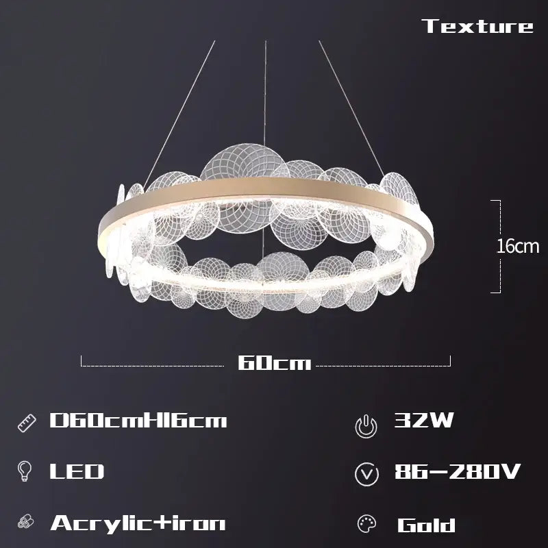 Gold-accented frost texture led ring chandelier with transparent acrylic and iron mesh for modern living room decorbites frost texture