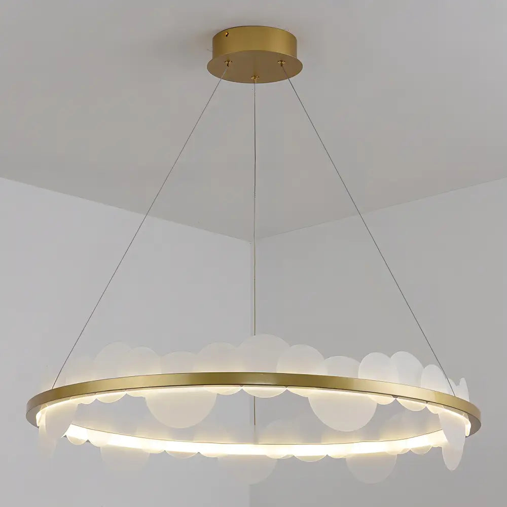 Gold-toned circular pendant light with cloud-shaped diffusers featuring decorbites frost texture led design