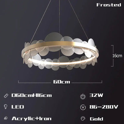 Gold frost texture led ring chandelier with gold-accented frosted acrylic leaf discs for elegant living room decorbites frost texture
