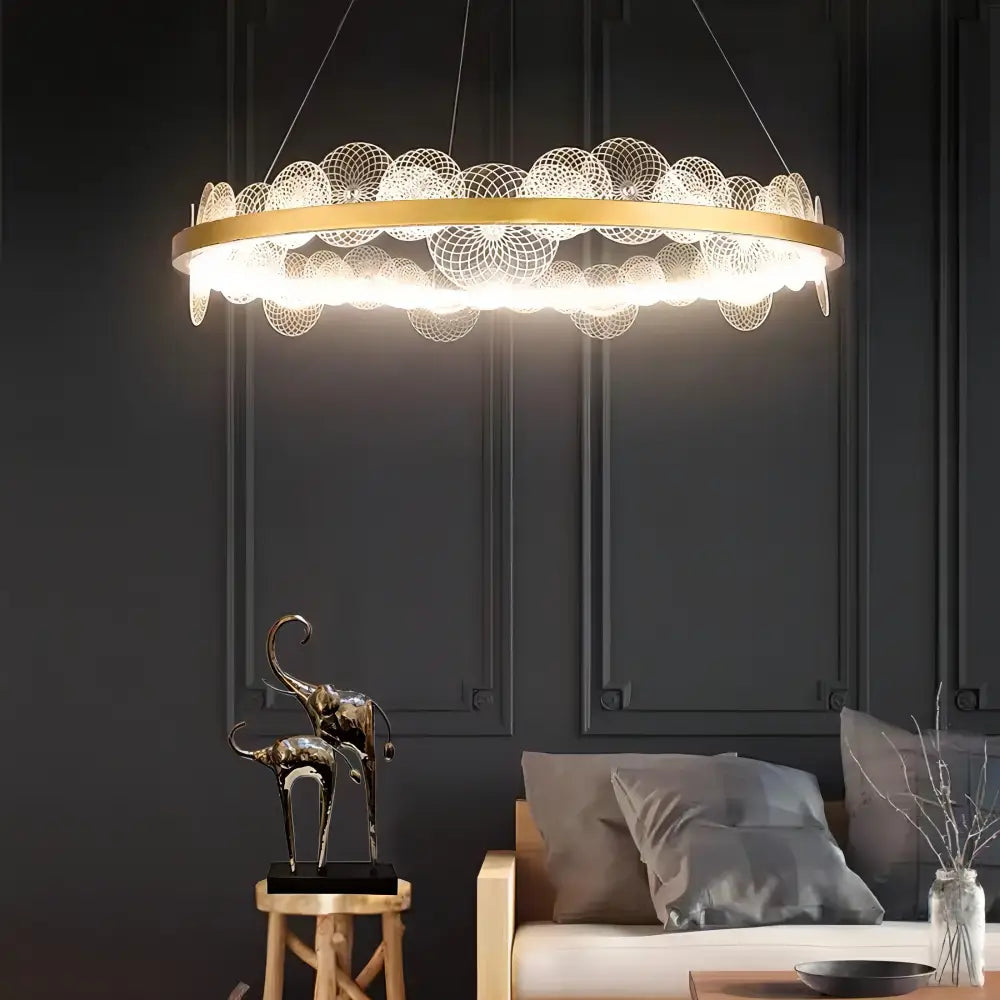 Gold-toned circular chandelier with intricate wirework and frost texture led ring for elegant living room decorbites decor