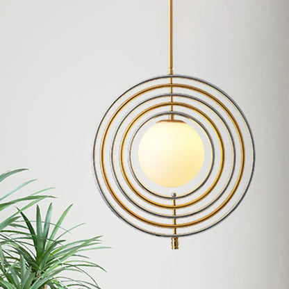 Gold Frosted Glass Orbit Pendant Light - Modern 1-Light Hanging Fixture for Dining Room with Concentric Rings