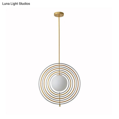 Gold Frosted Glass Orbit Pendant Light - Modern 1-Light Hanging Fixture for Dining Room with Concentric Rings