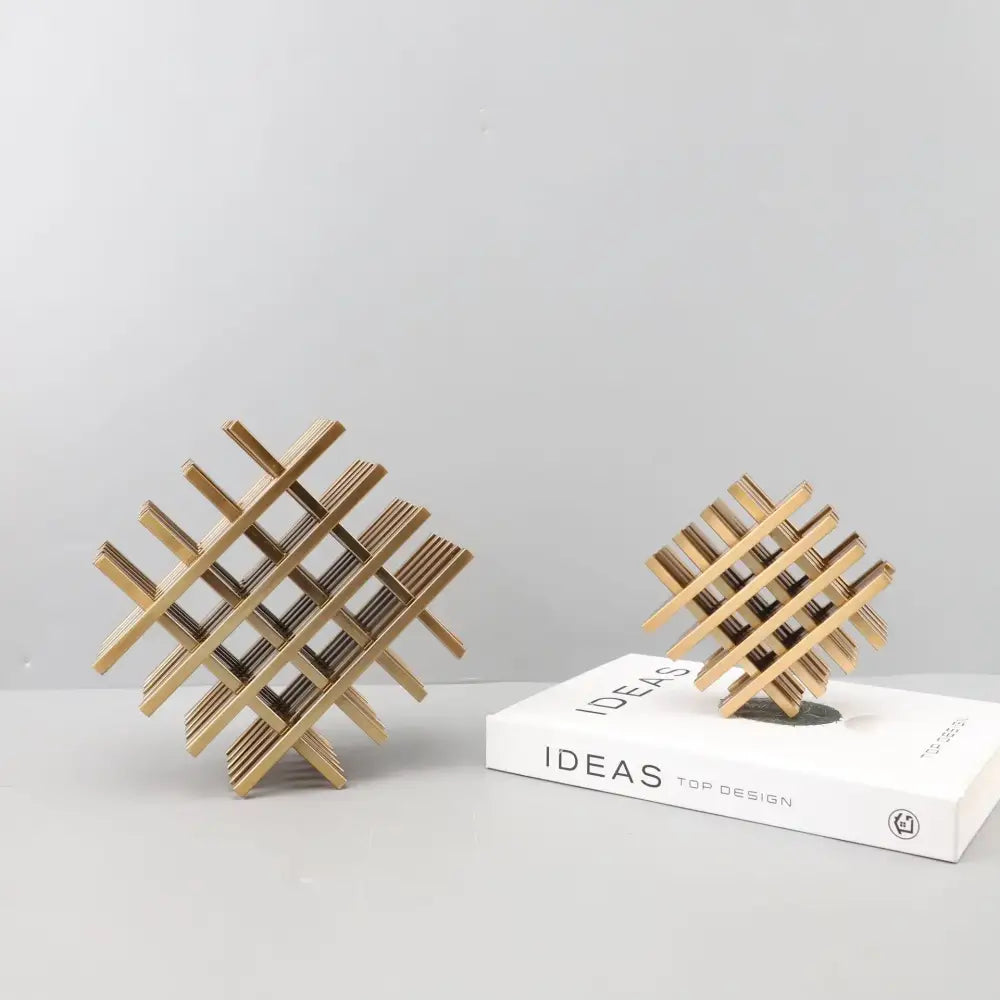 Gold geometric block metal bookends with a woven lattice design for living room decorbites geometric block decor