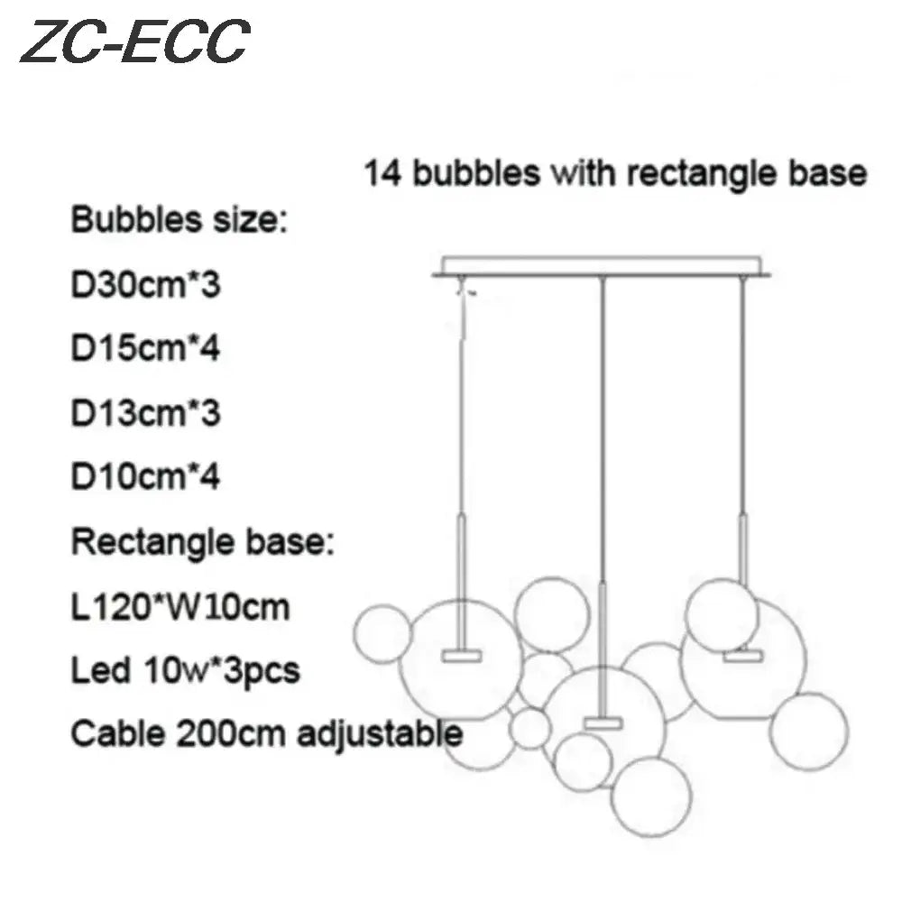 Modern gold glass bubble led chandelier with 14 spherical orbs and adjustable cable for dining room decorbites lighting