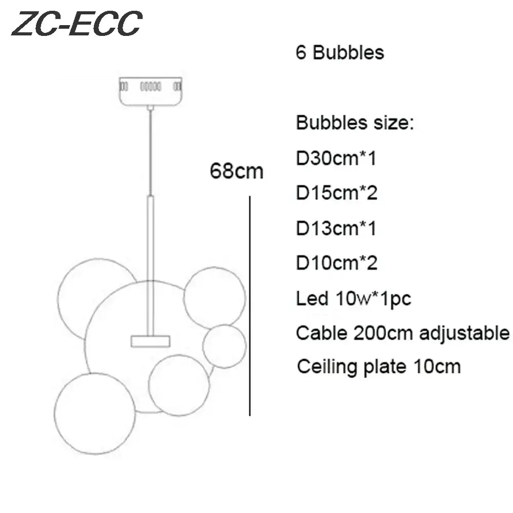 Zc-ecc model gold glass bubble led chandelier with six spherical bubble shades and adjustable cable for dining room lighting