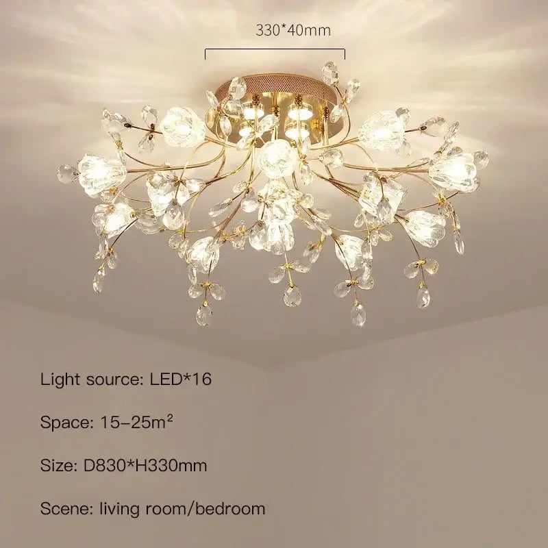 Delicate gold-toned ceiling lamp with clear glass flower chandelier and crystal droplets for living room or bedroom