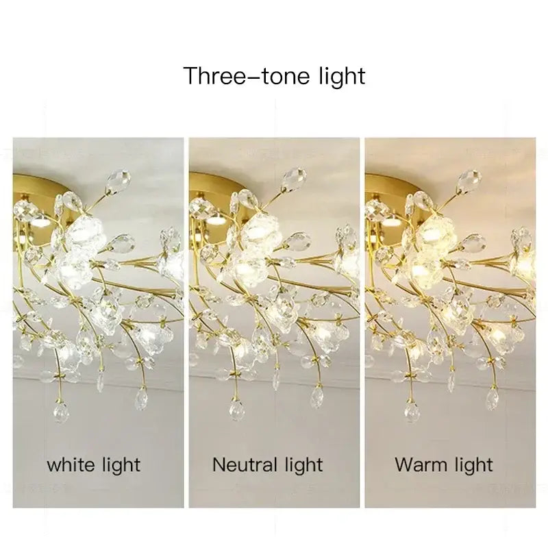 Gold glass flower chandelier ceiling lamp with clear crystal blossoms and three lighting tones for living room