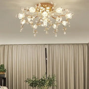 Gold glass flower chandelier ceiling lamp with crystal flower and teardrop accents for living room lighting