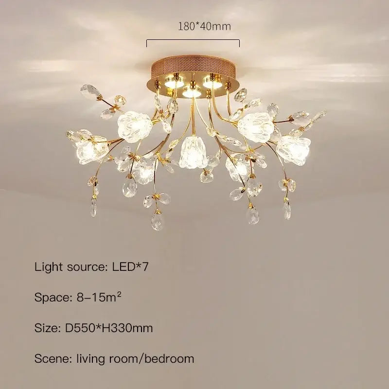Gold-toned glass flower chandelier ceiling lamp with delicate floral branches and seven led lights for living room