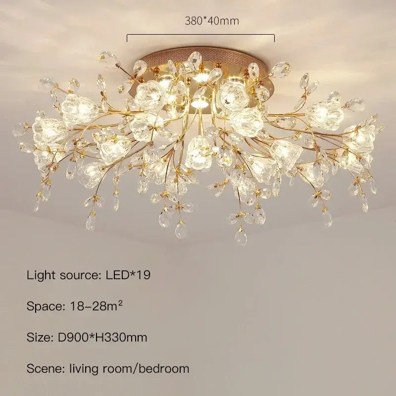 Gold-toned glass flower chandelier ceiling lamp with 19 led lights and delicate floral branch design for living room