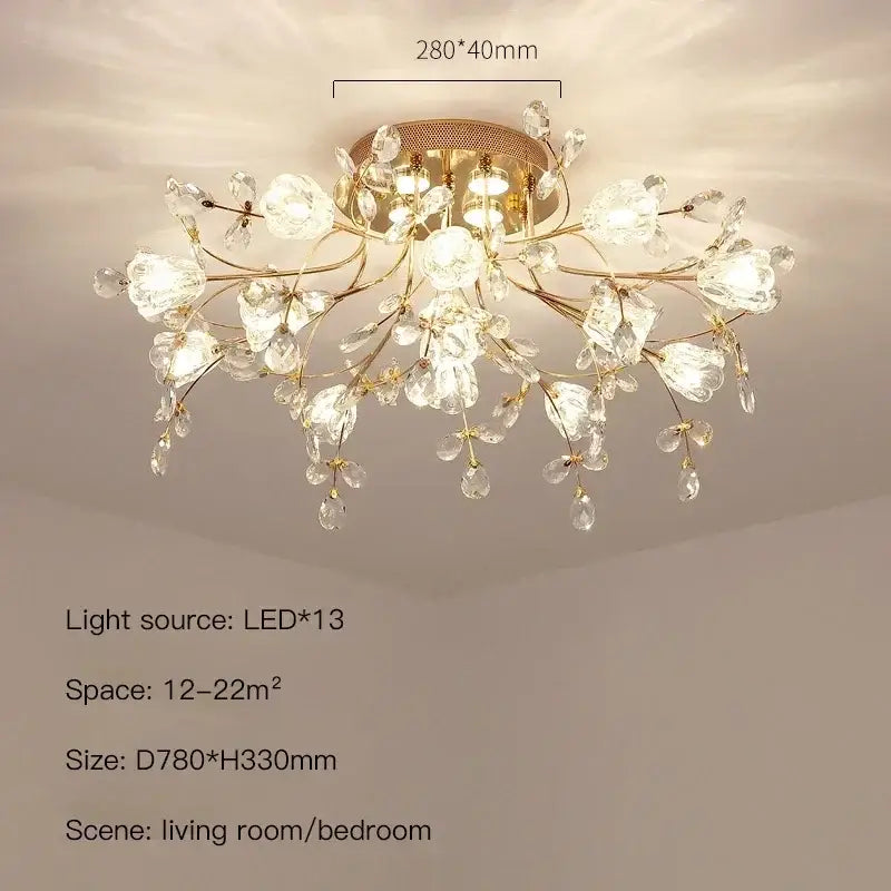 Gold-toned glass flower chandelier ceiling lamp with 13 led lights and clear crystals for living room use