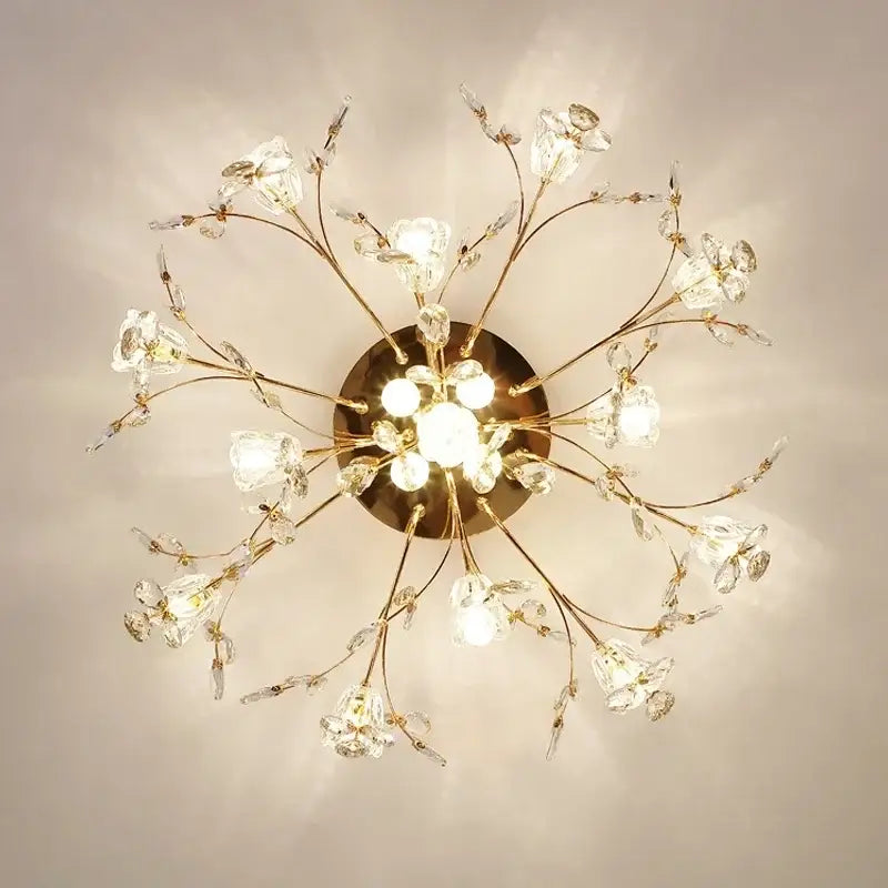 Gold-toned glass flower chandelier ceiling lamp with delicate crystal branch design for living room ceiling lamp