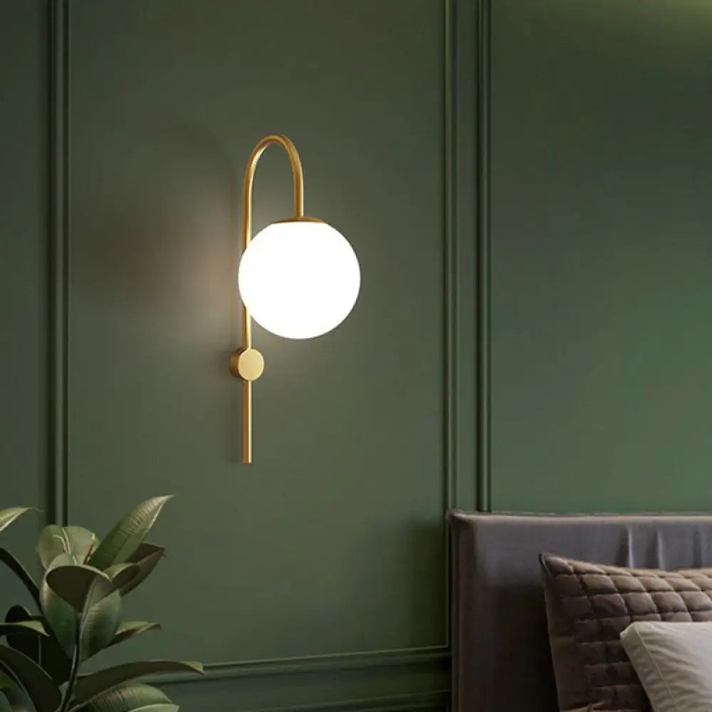 DecorBites™ Gold Gooseneck Arm Wall Sconce with Cream Glass Globe - Postmodern 1-Bulb Wall Lamp