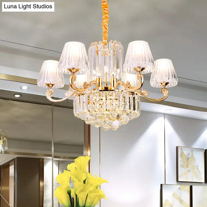 Lámpara colgante dorada - Diseño contemporáneo de 6 luces con pantalla cilíndrica de cristal transparente para restaurantes