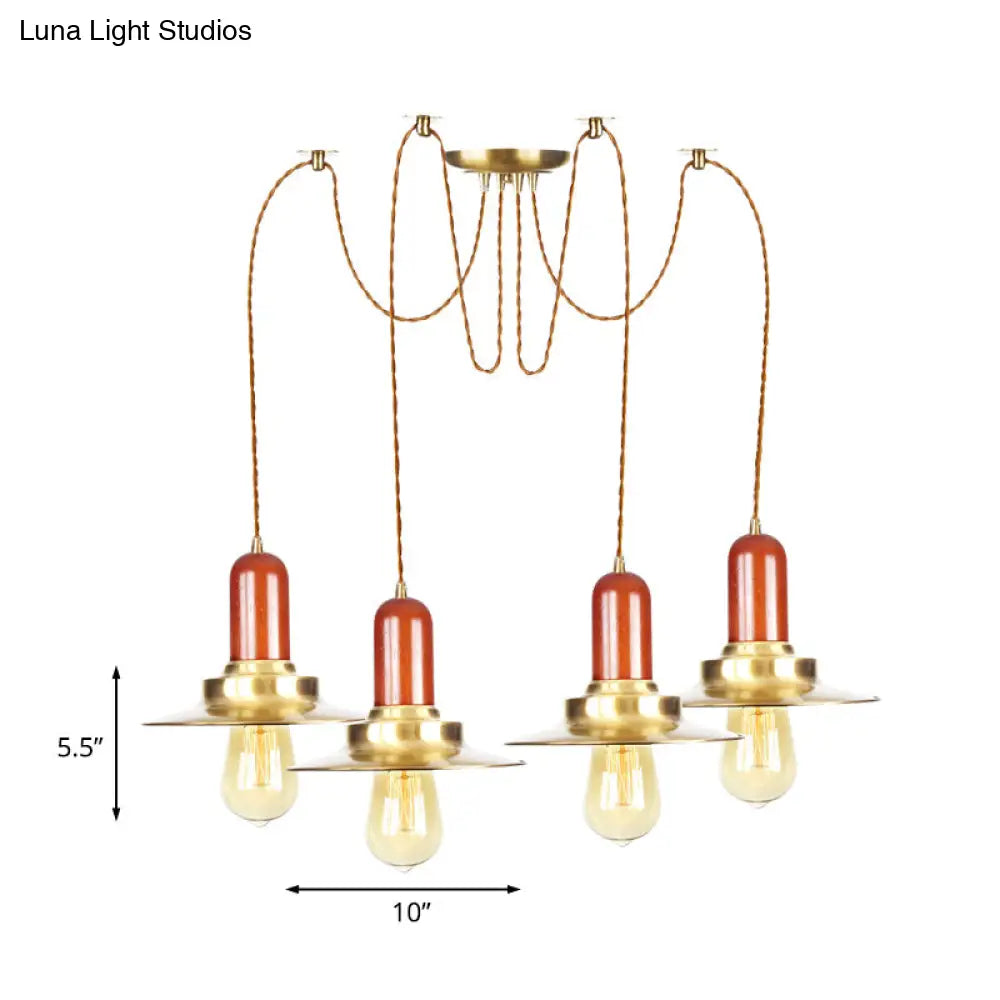 Gold Industrial Pendant Lighting for Clothing Store - Flat Metal Swag Lamp, Multiple Hanging Pendant Lights, 2/3/4-Bulb Ceiling Fixture