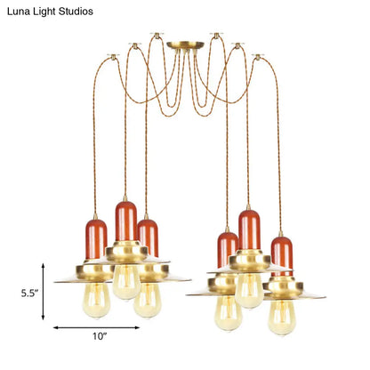 Gold Industrial Pendant Lighting for Clothing Store - Flat Metal Swag Lamp, Multiple Hanging Pendant Lights, 2/3/4-Bulb Ceiling Fixture