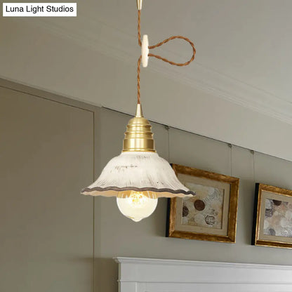 Gold Industrial-Style Scalloped Hanging Light Kit - 1 Head Ceramic Pendant Lamp Fixture