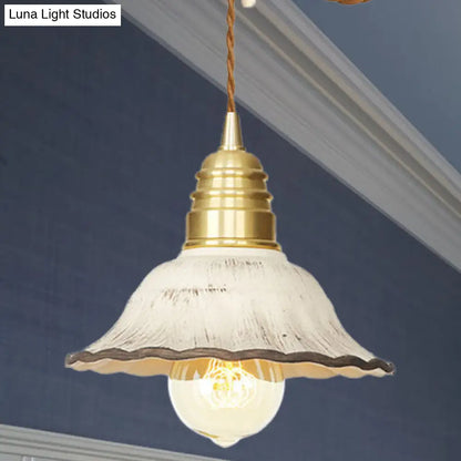 Gold Industrial-Style Scalloped Hanging Light Kit - 1 Head Ceramic Pendant Lamp Fixture