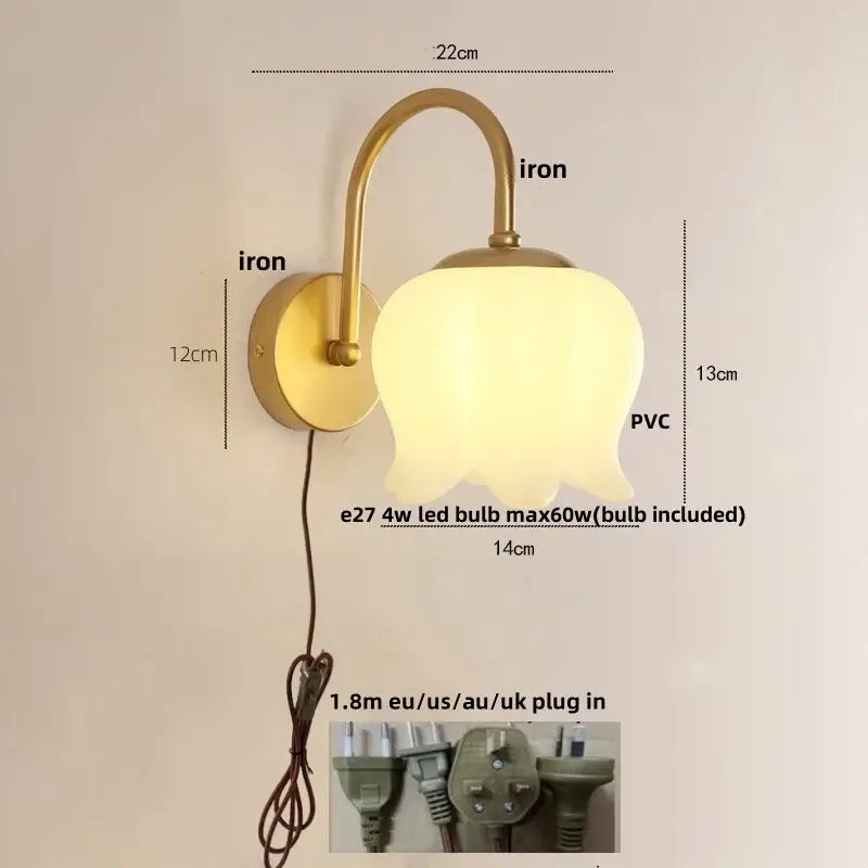 Gold iron led wall sconce with pull chain featuring a translucent white pvc tulip-shaped shade for hallway decorbites iron led wall