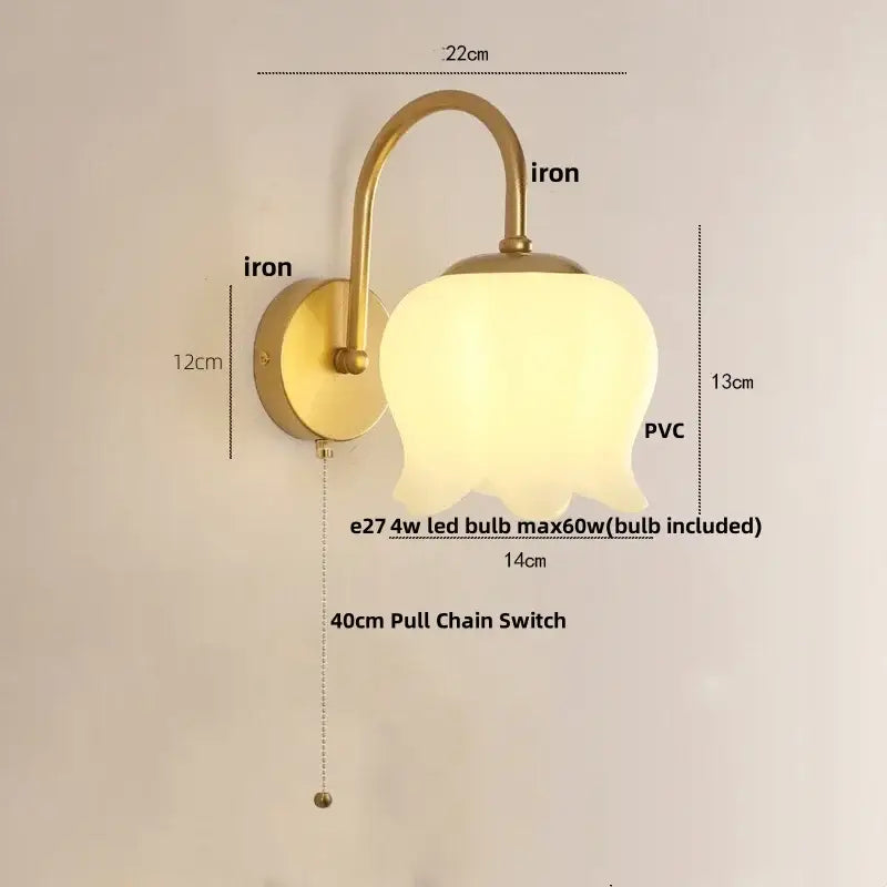 Gold-toned iron led wall sconce with frosted pvc tulip lampshade and 40cm pull chain for hallway decorbites iron led