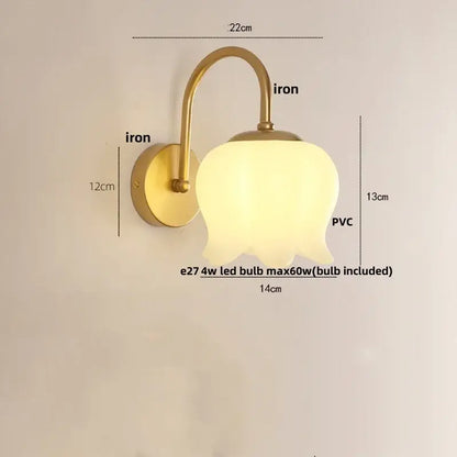 Gold-toned iron led wall sconce with frosted white pvc tulip-shaped lampshade and pull chain for hallway decorbites iron led design