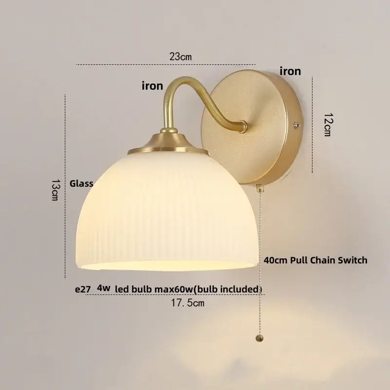 Gold iron led wall sconce with vintage brass finish frosted ridged glass shade and pull chain for hallway decorbites iron led
