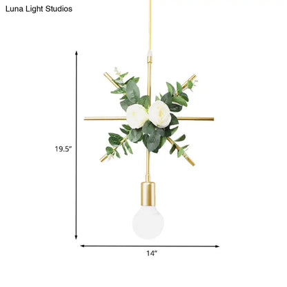 Gold Iron Rectangle/Round Frame Pendant Light with Artificial Bloom Deco - Stylish Suspended Ceiling Fixture